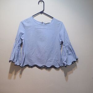 ZARA Basic Collection Blue White Striped Flared Bell Sleeves Top Size Small